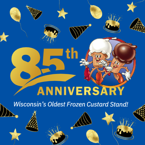 Gilles Frozen Custard 85th Anniversary Logo blue background with Cone Kids and party hats
